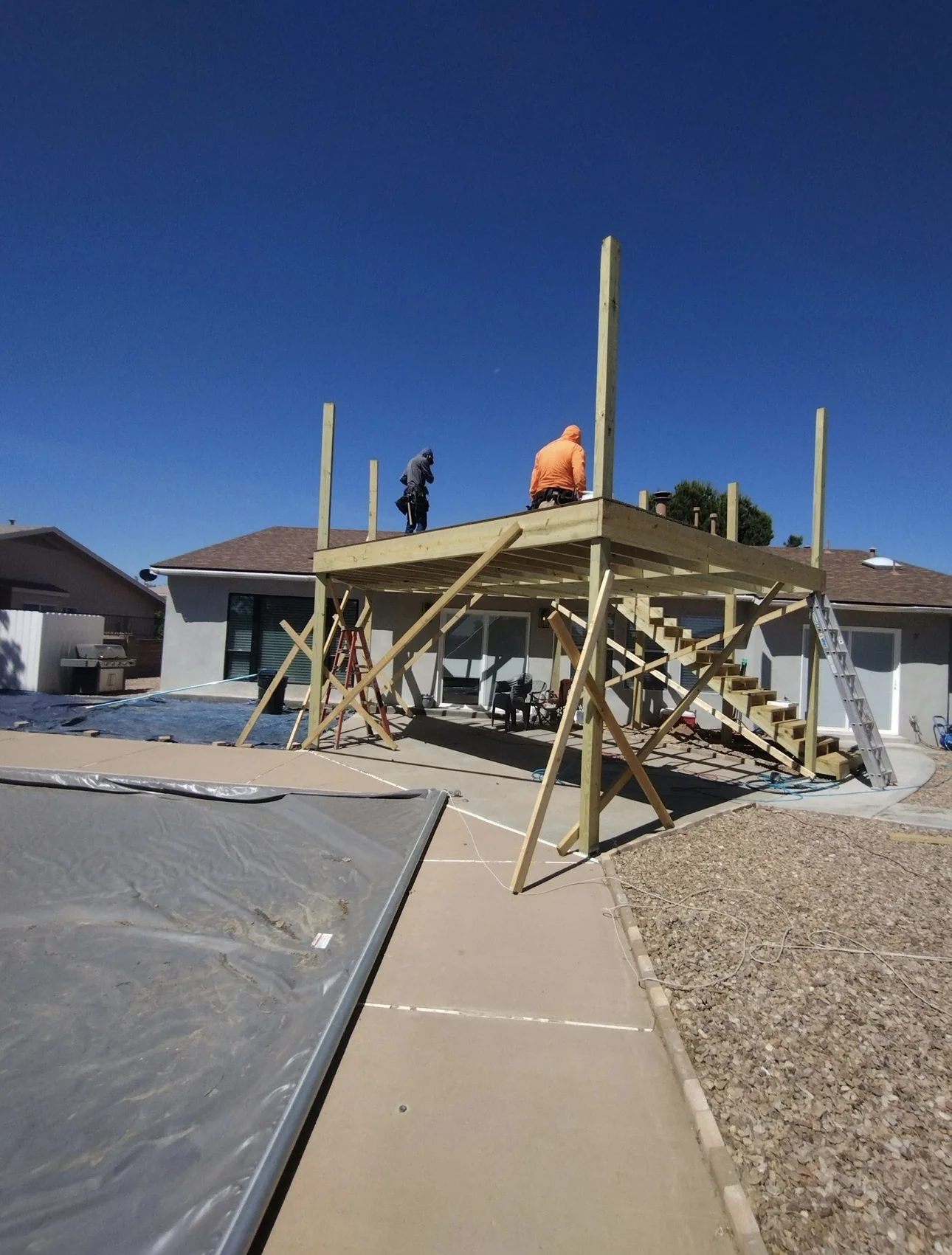 Large elevated deck framing